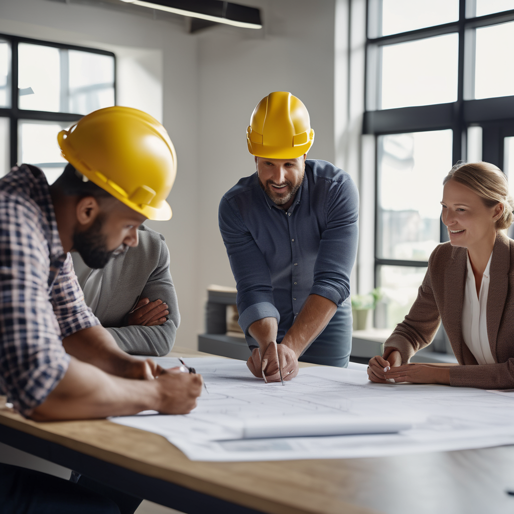 Professional home improvement team reviewing renovation blueprints in modern office setting