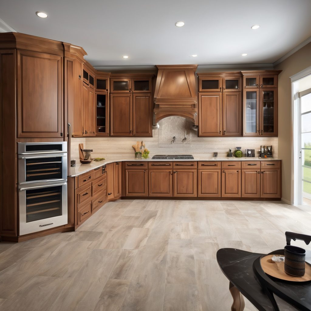 Kitchen with wood cabinets, wall ovens and a range hood